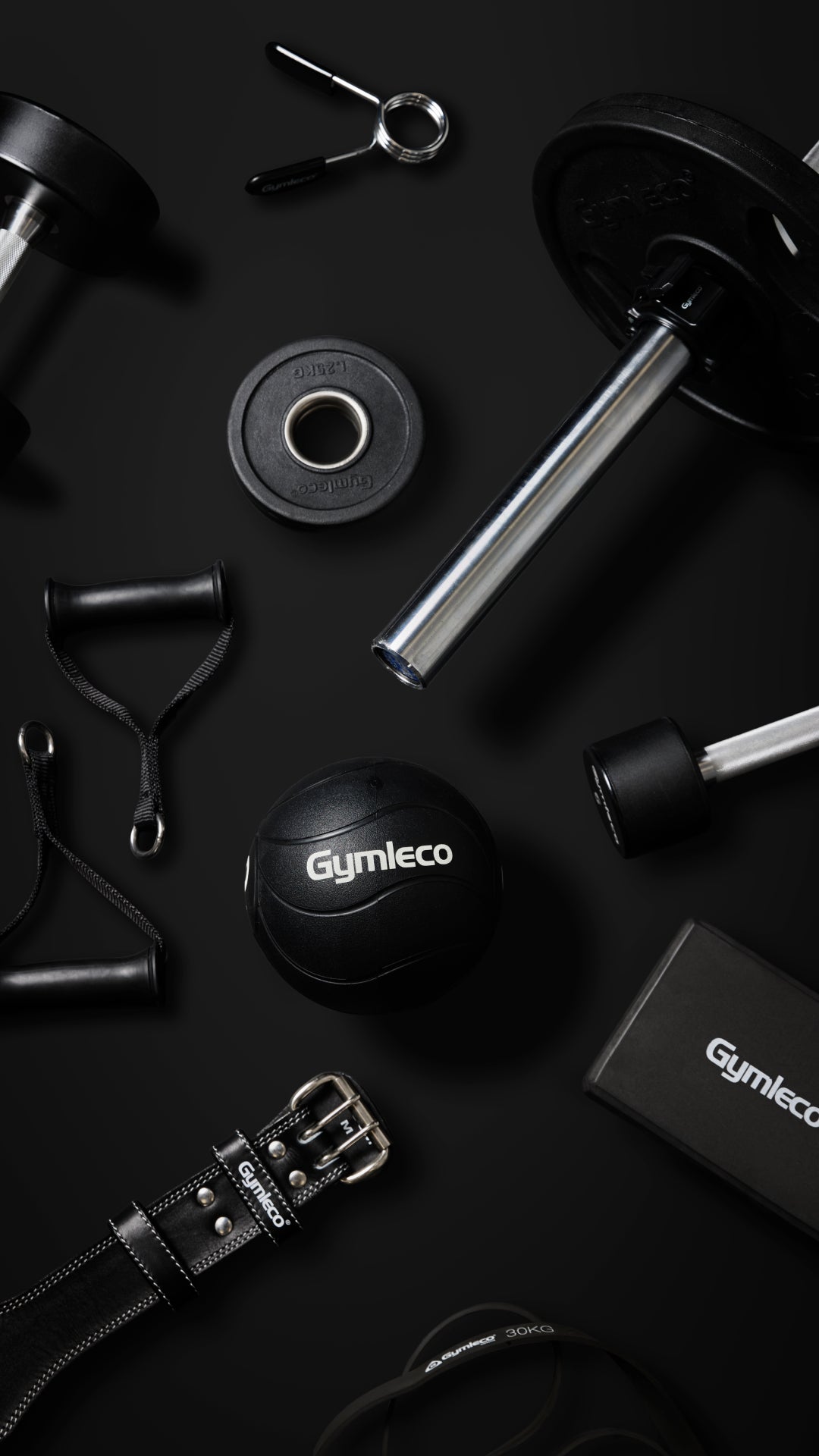 Gym equipment including weights and resistance bands on a black background with 'Gymleco' branding.