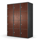 A wooden locker with silver handles and dark frame.