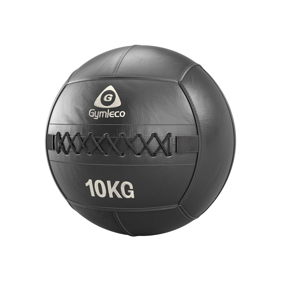 Black medicine ball with 'Gymleco' branding and '10KG' marking on a white background