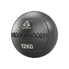 Black medicine ball with 'Gymleco' branding and '12KG' marking on a white background