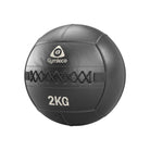 Black medicine ball with 'Gymleco' branding and '2KG' marking on a white background