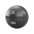 Black medicine ball with 'Gymleco' branding and '5KG' marking on a white background