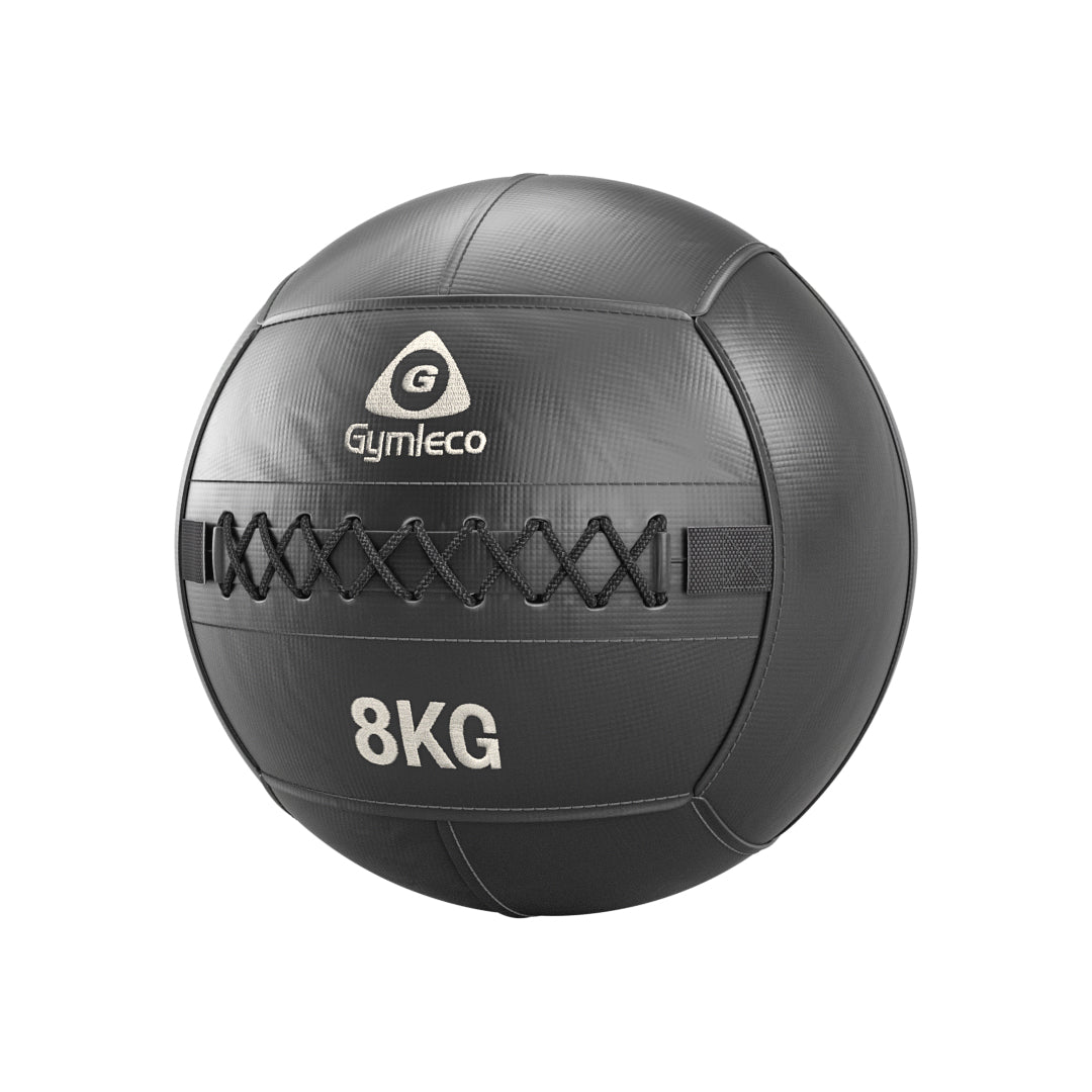 Black medicine ball with 'Gymleco' branding and '8KG' marking on a white background
