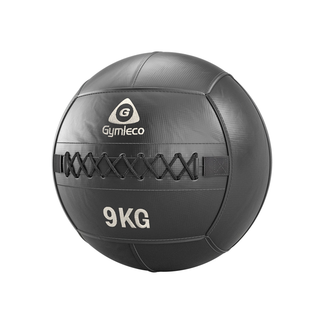 Black medicine ball with 'Gymleco' branding and '9KG' marking on a white background