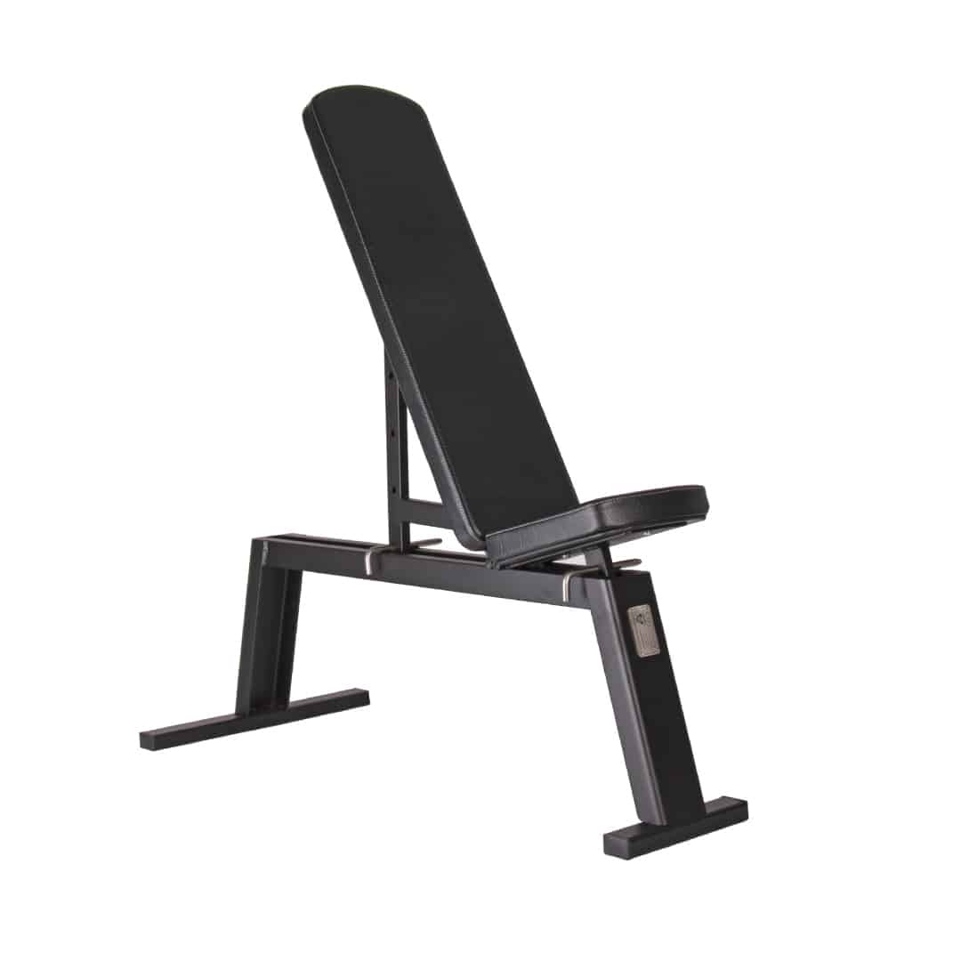 An adjustable gym bench with an incline, flat, and decline positions, predominantly black in color.