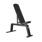 An adjustable gym bench with an incline, flat, and decline positions, predominantly black in color.
