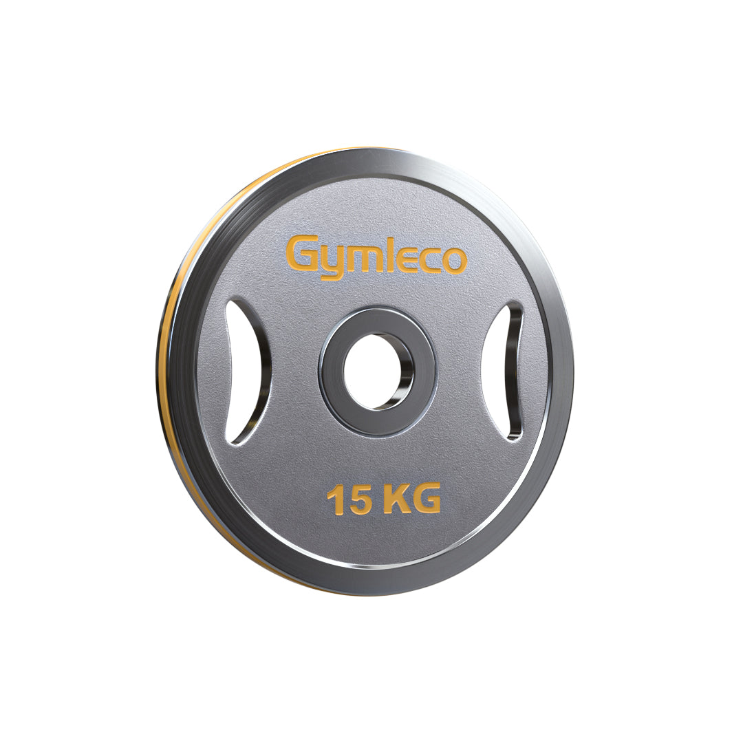 15 kg weight plate with Gymleco branding on a white background