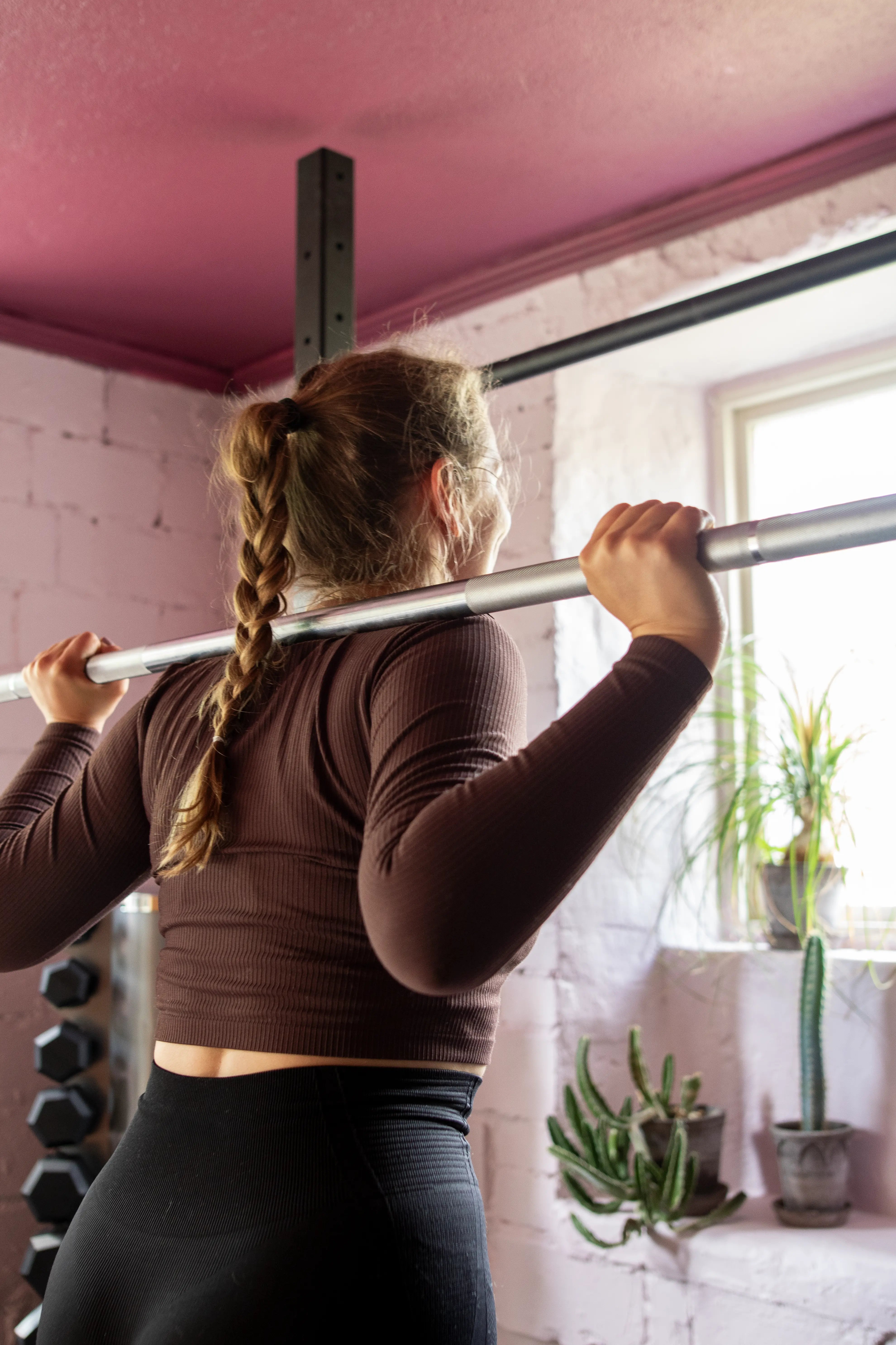 Person lifting a barbell in a home gym setting with plants and weights in the background.