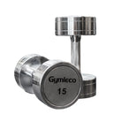 A Gymleco Dumbbell with Gymleco and 15 printed on it, white background