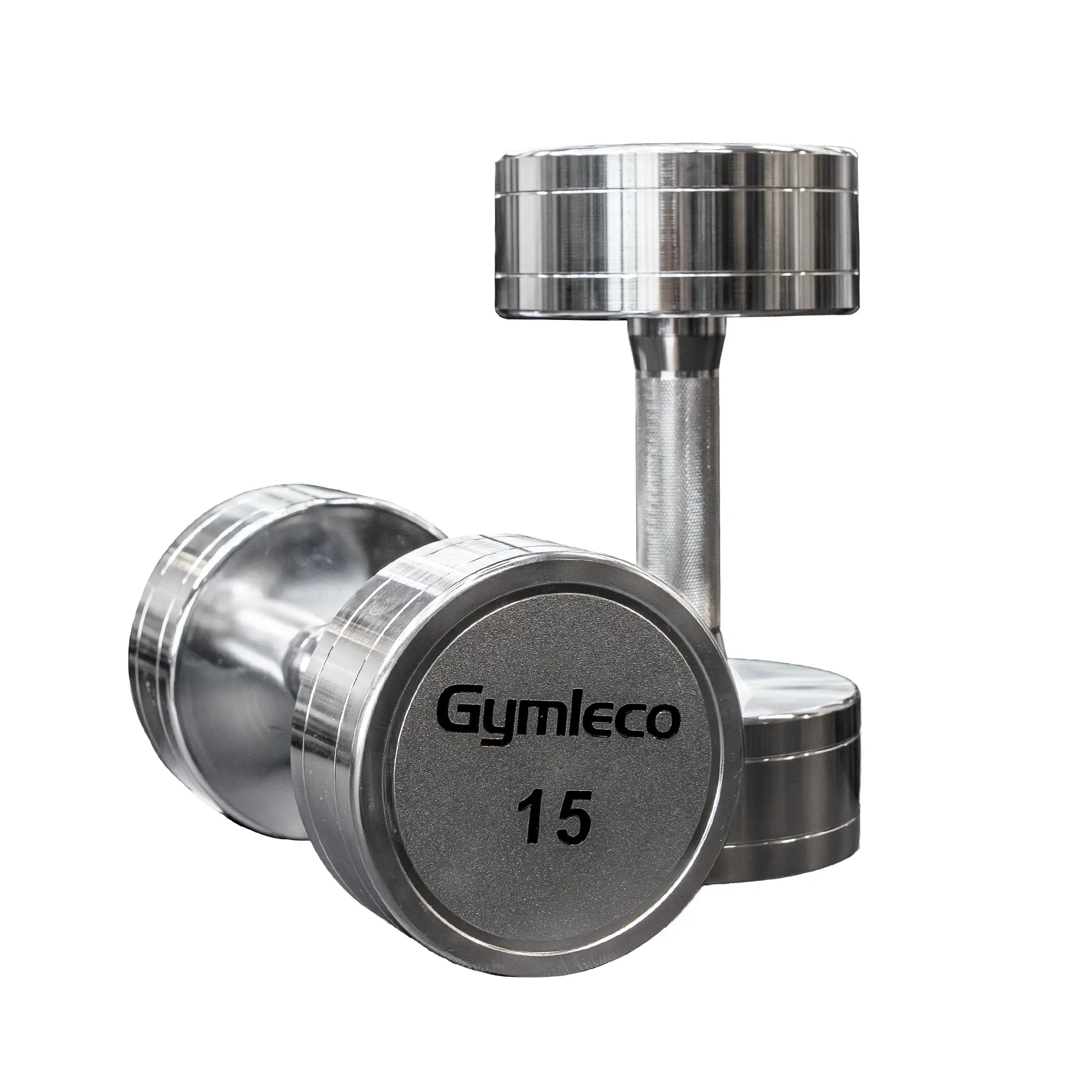 A Gymleco Dumbbell with Gymleco and 15 printed on it, white background
