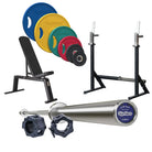 Gym equipment including weight plates, bench, barbell, and squat rack on a white background
