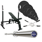 Picture of home gym equipment, including a barbell, bench, rack, black rubber plates and locks. All branded Gymleco