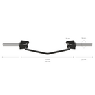 Measurement chart of a metal deadlift bar with black clamps on a white background