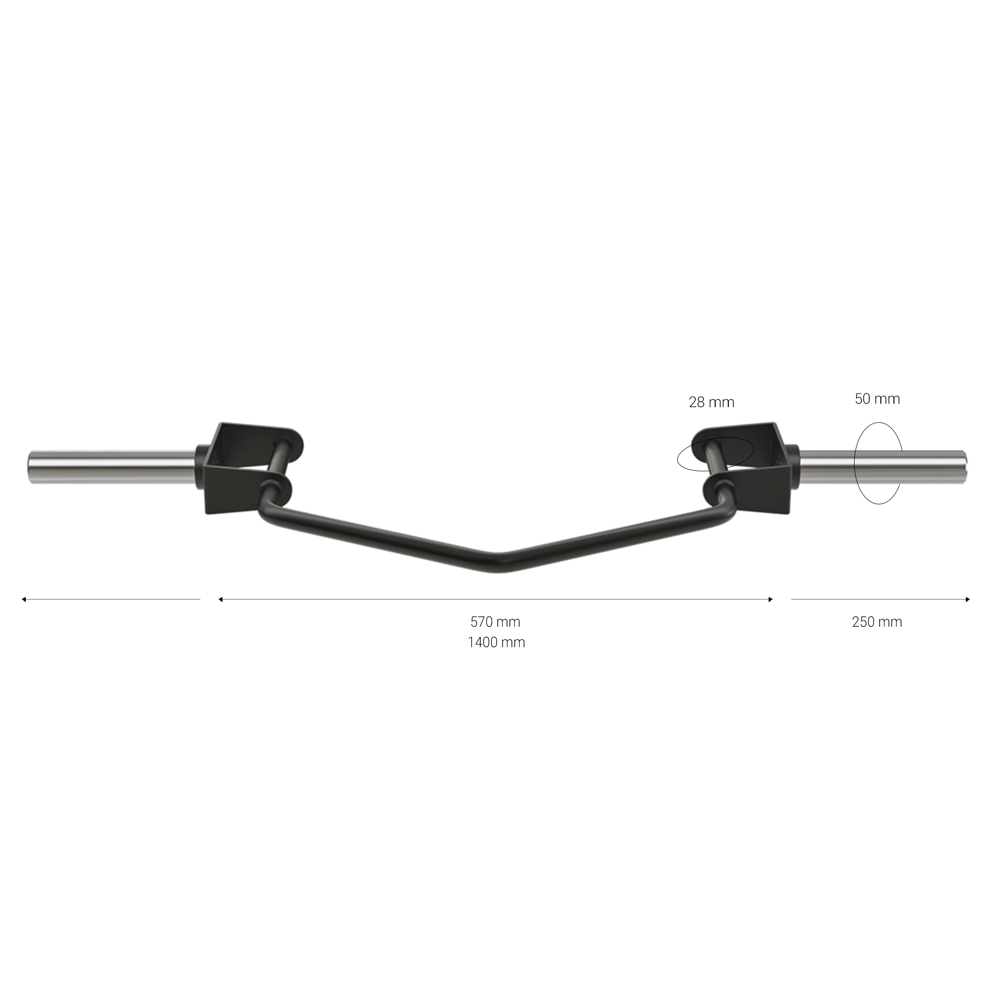 Measurement chart of a metal deadlift bar with black clamps on a white background