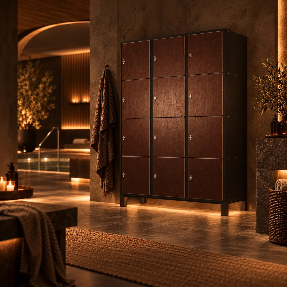 A 9-door wooden storage cabinet with a dark brown wood grain finish and silver handles, set in a modern spa-like interior with warm ambient lighting.